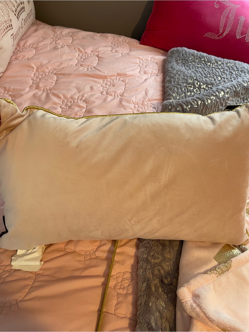 Juicy Couture Blush Pink Leopard Applique Decorative Pillow with Gold Piping - Picture 3 of 5